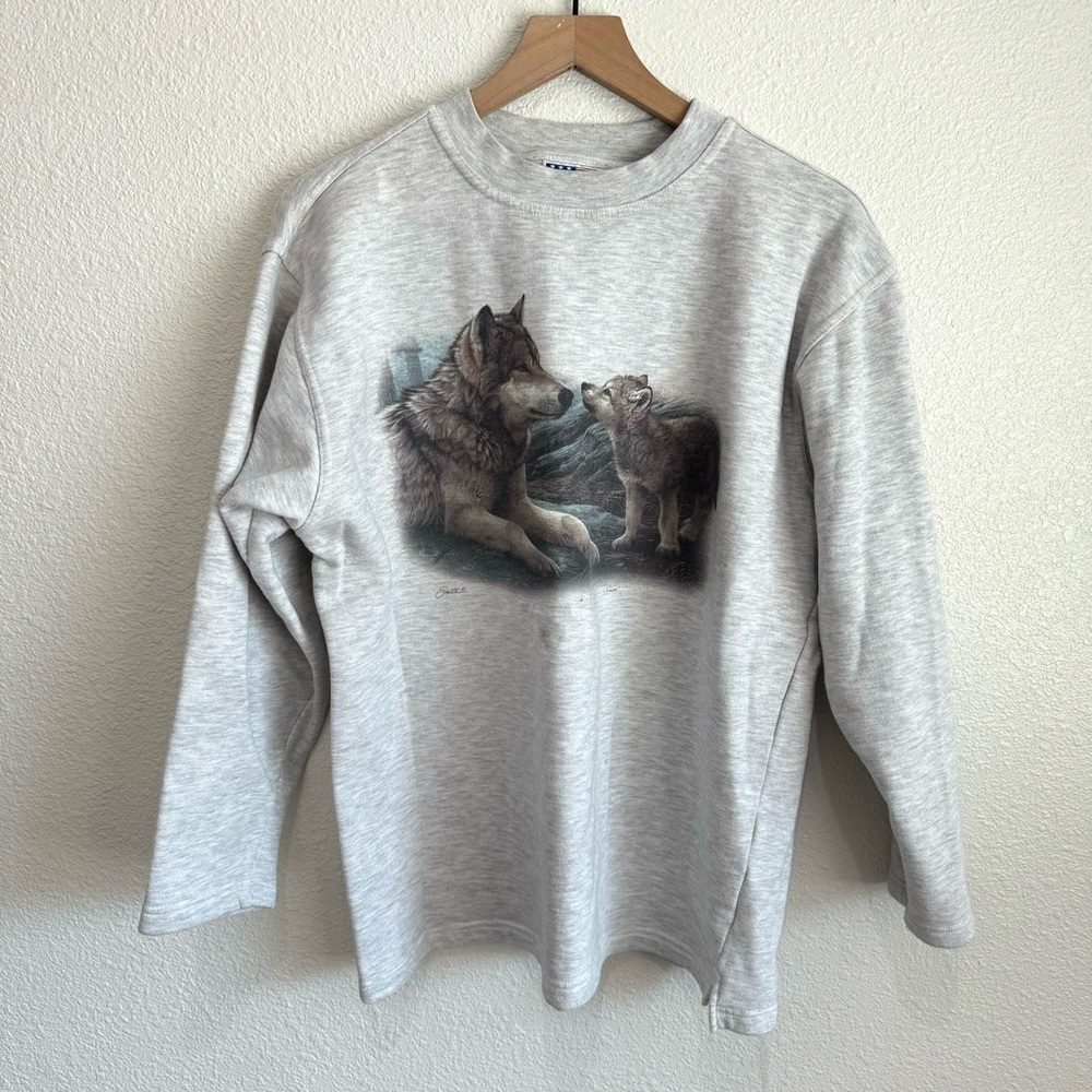 VTG‎ Women's Wolf Pullover Gorpcore 90's Graphic Crewneck M Cozy Granola Girl